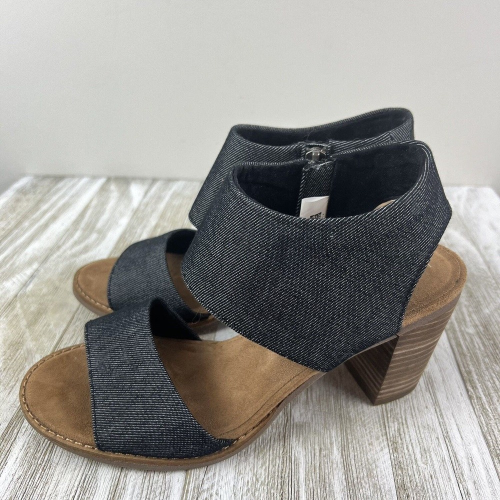 Toms Women Sandals US 8 Majorca Black Denim Cutout Wooden Block 3.5" Heels